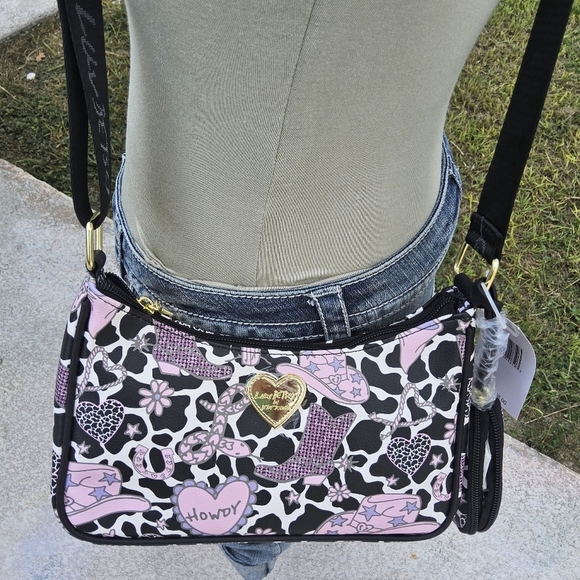 BETSEY JOHNSON LUV BETSEY BLACK/MULTI COLOR CROSSBODY w/WEB STRAP n POUCH - Picture 7 of 7